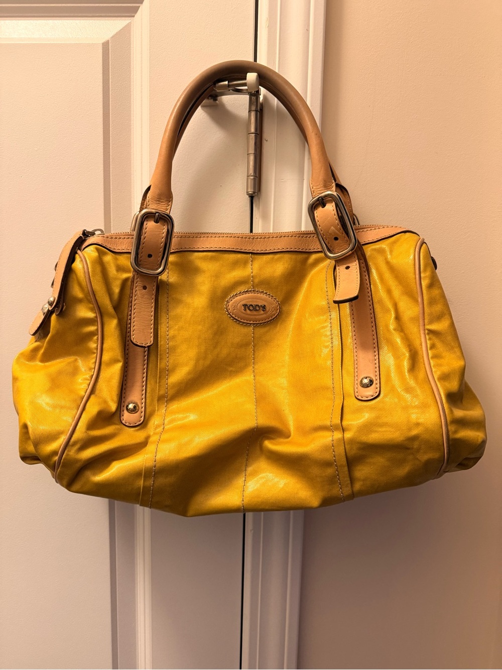 TOD'S Yellow Leather Double-Handle Satchel with Tan Trim
